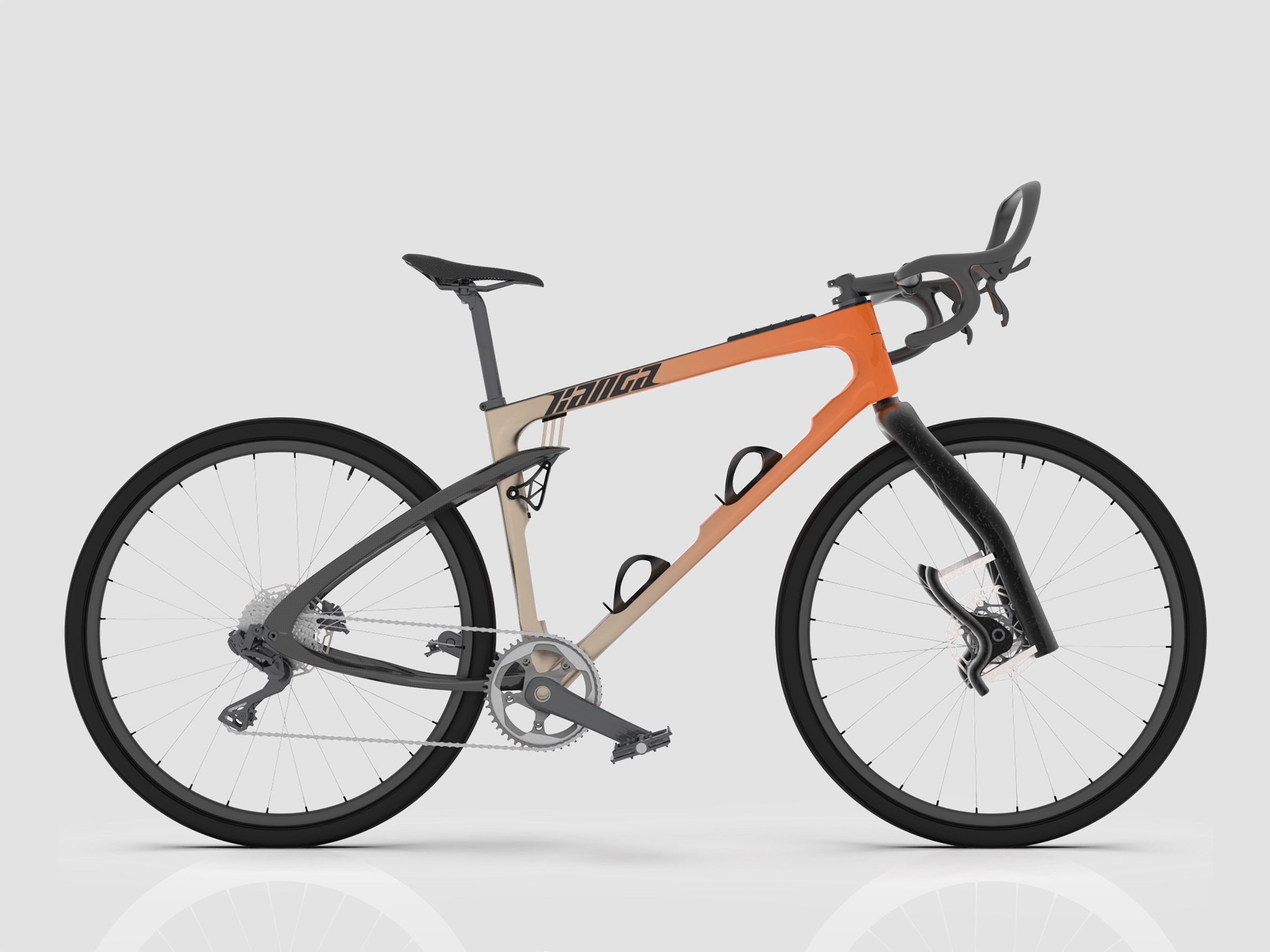 visualisation of an orange, white and black bicycle