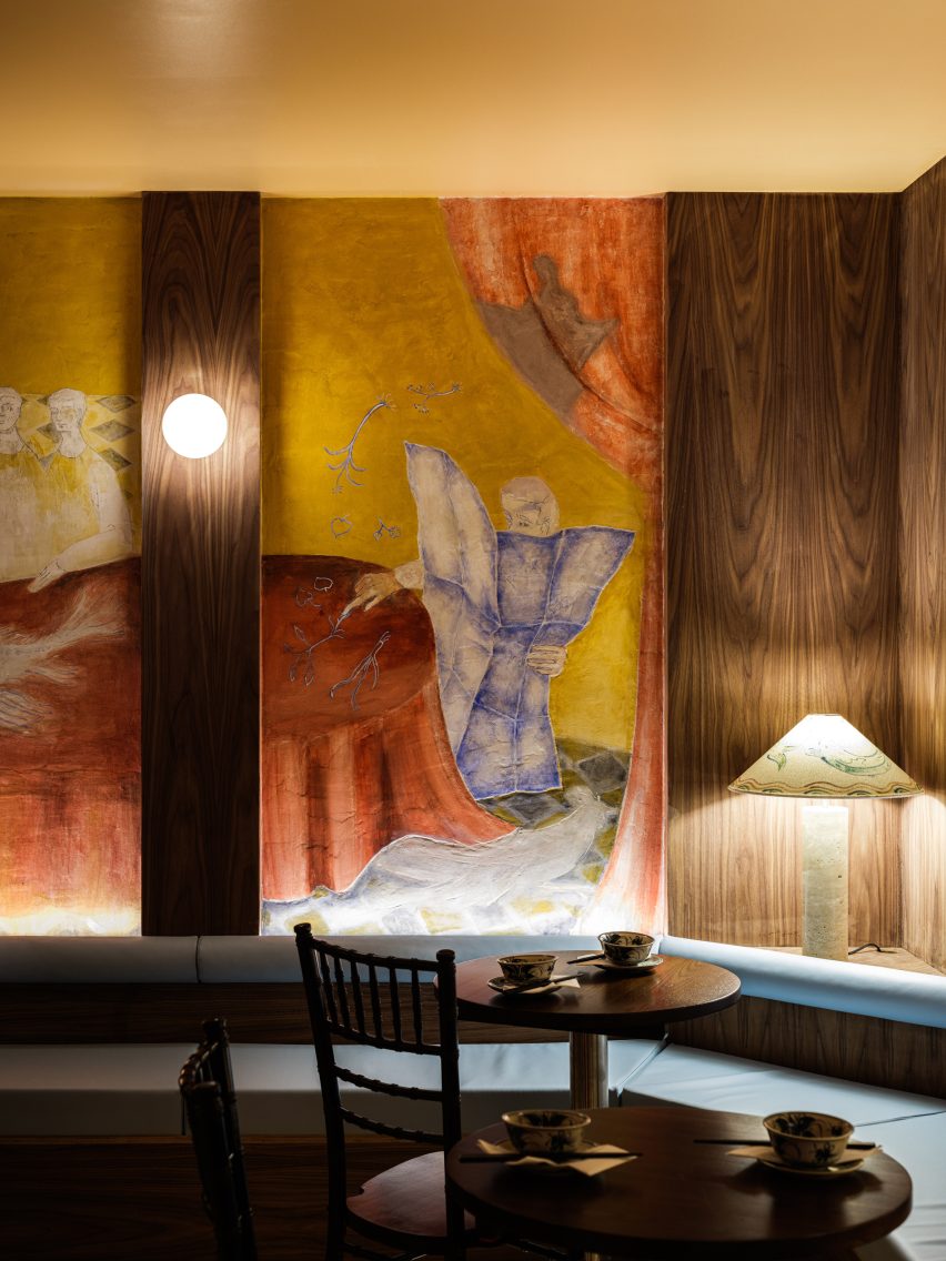 Interior of dining room with artworks