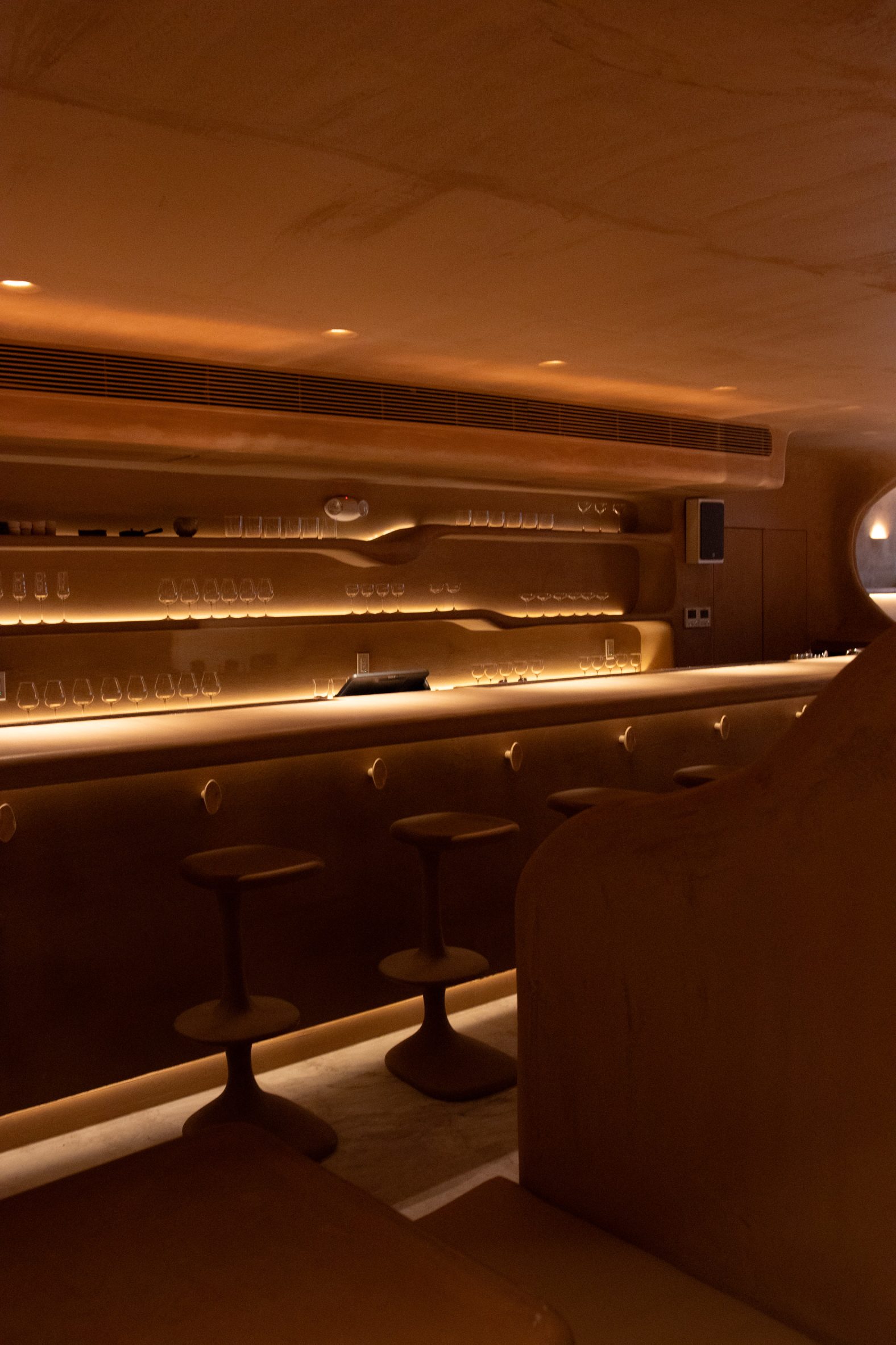 Bar interior with free-form shapes