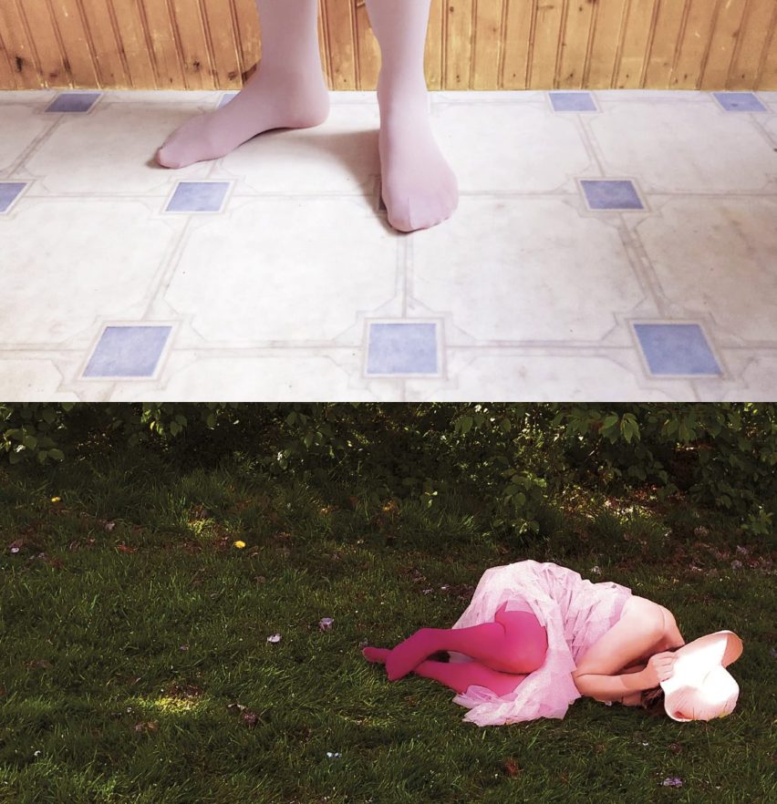 Collage containing image of person standing on tile floor and another lying on grass