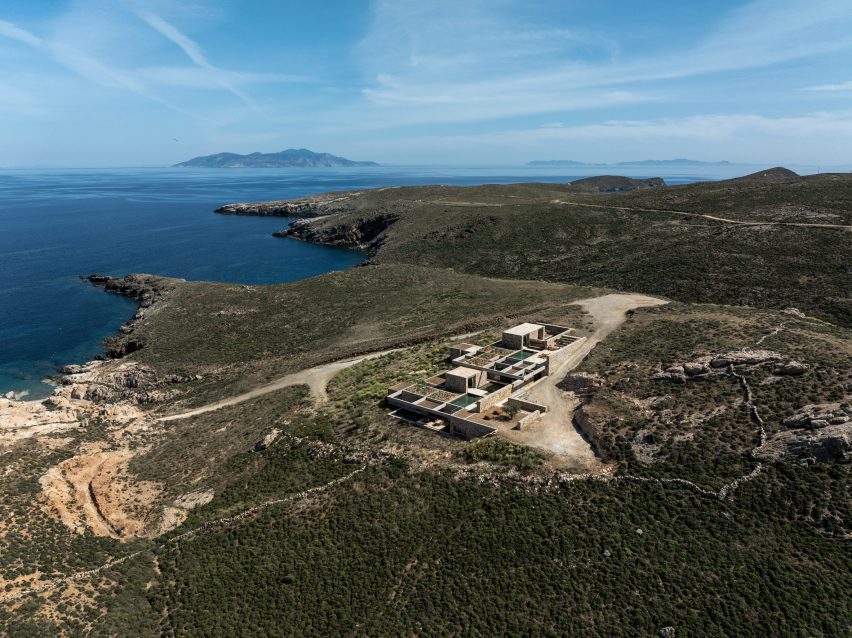 Aerial view of Perma hospitality retreat on a coastal hillside overlooking the Aegean Sea