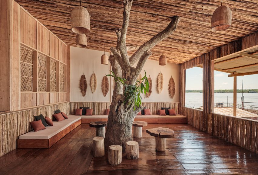 A building lined with various natural materials