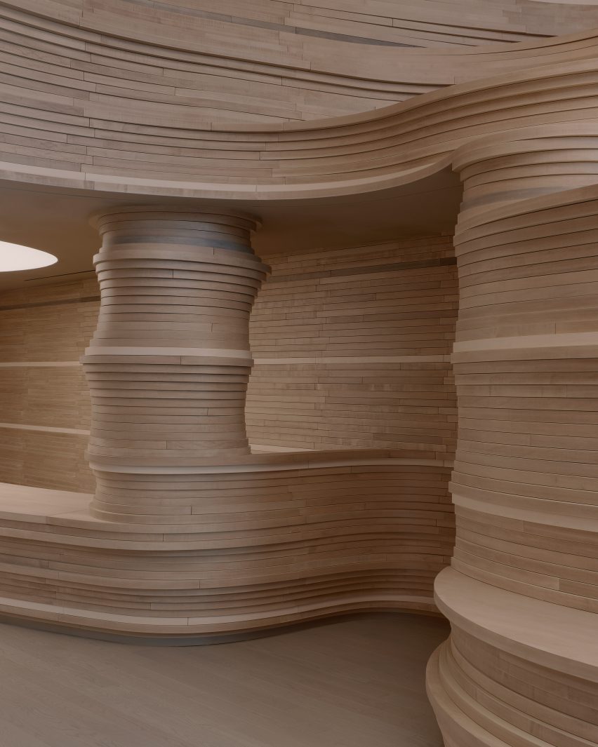 A point of sale area formed from layers of curved wood