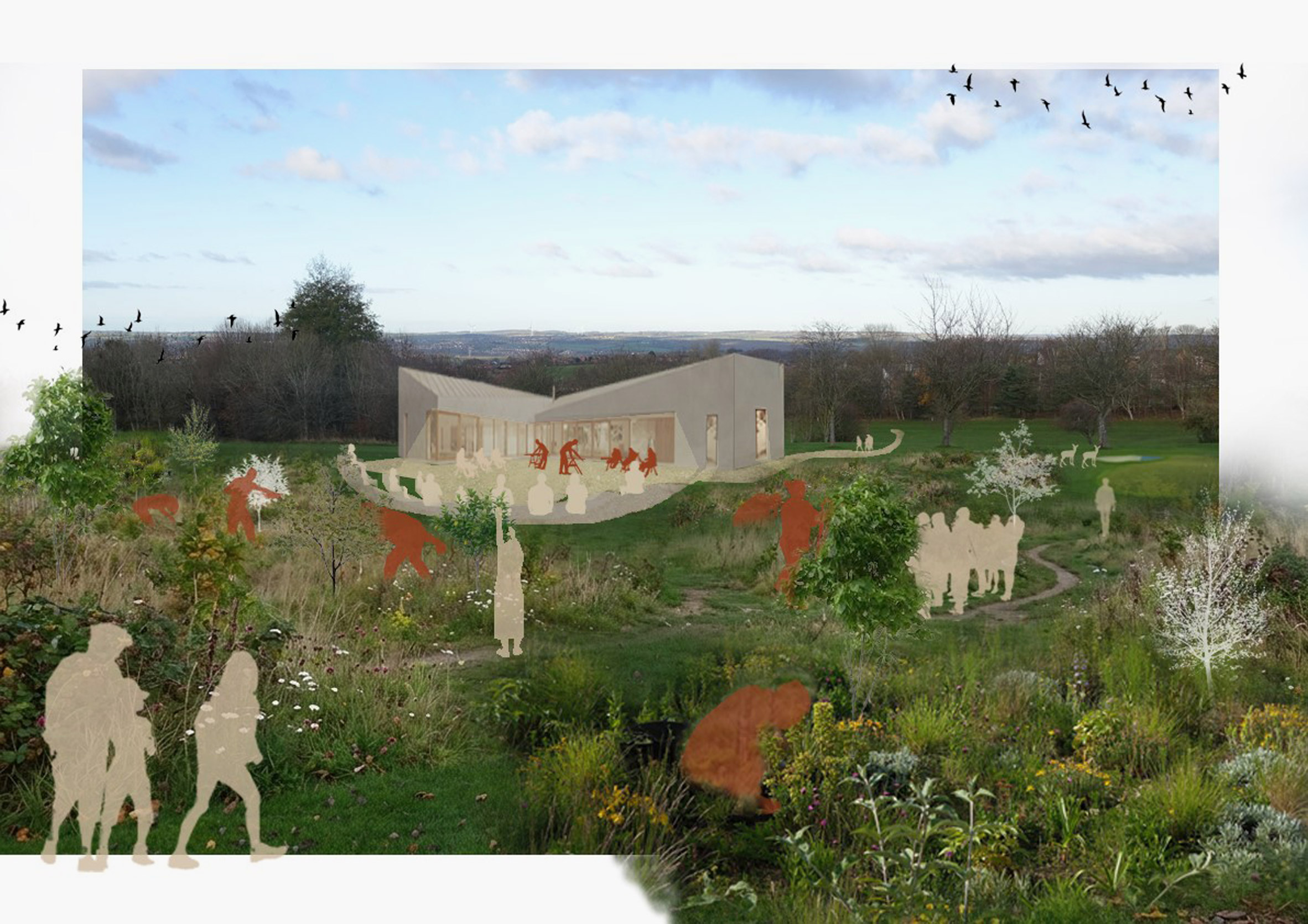 Collage style image showing green landscape with angular structure and populated with figures