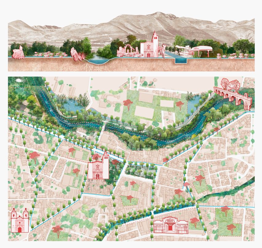 Section view and plan view of a town with a river and canal running through it