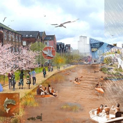 Collage style image showing river in city