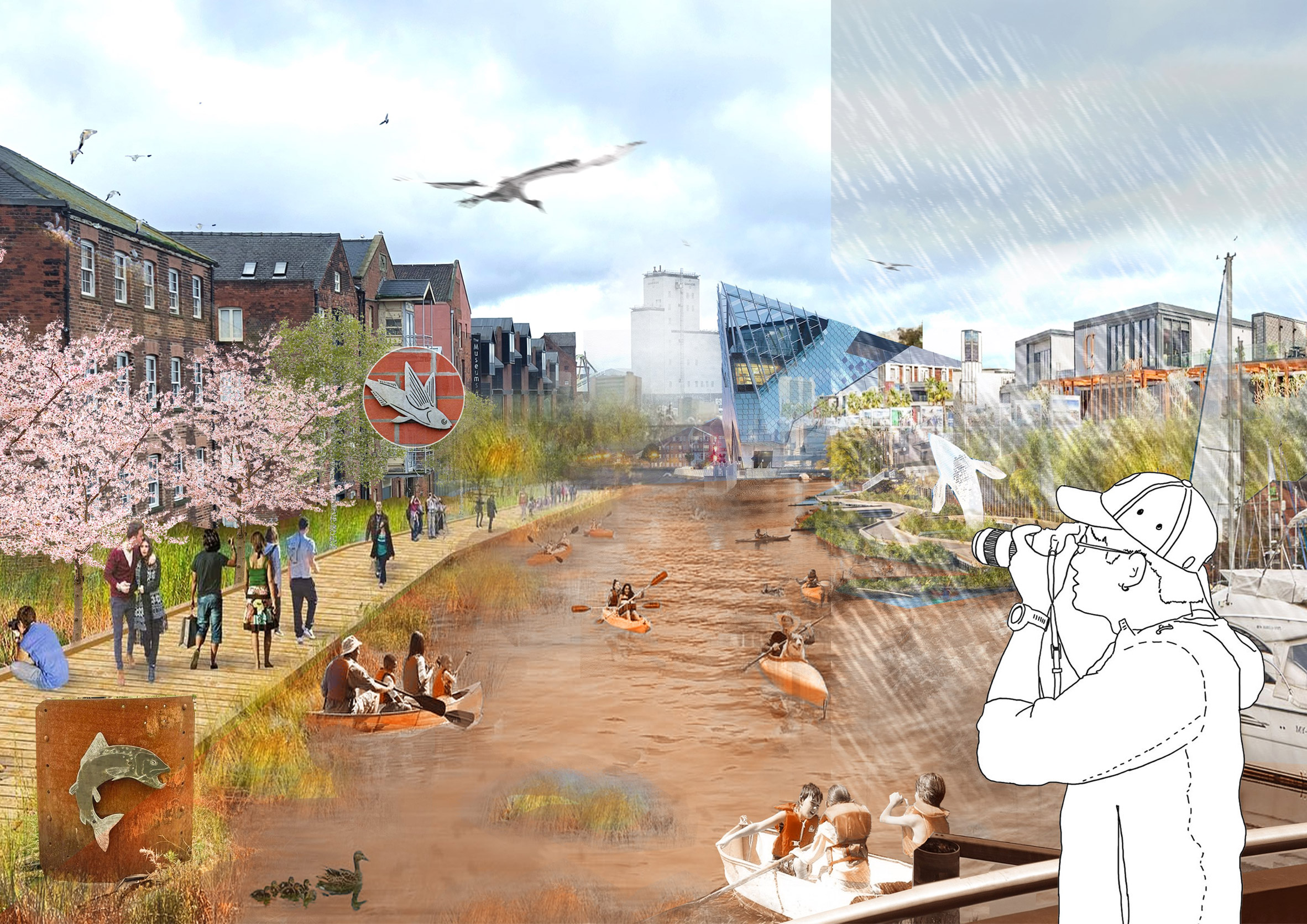 Collage style image showing river in city