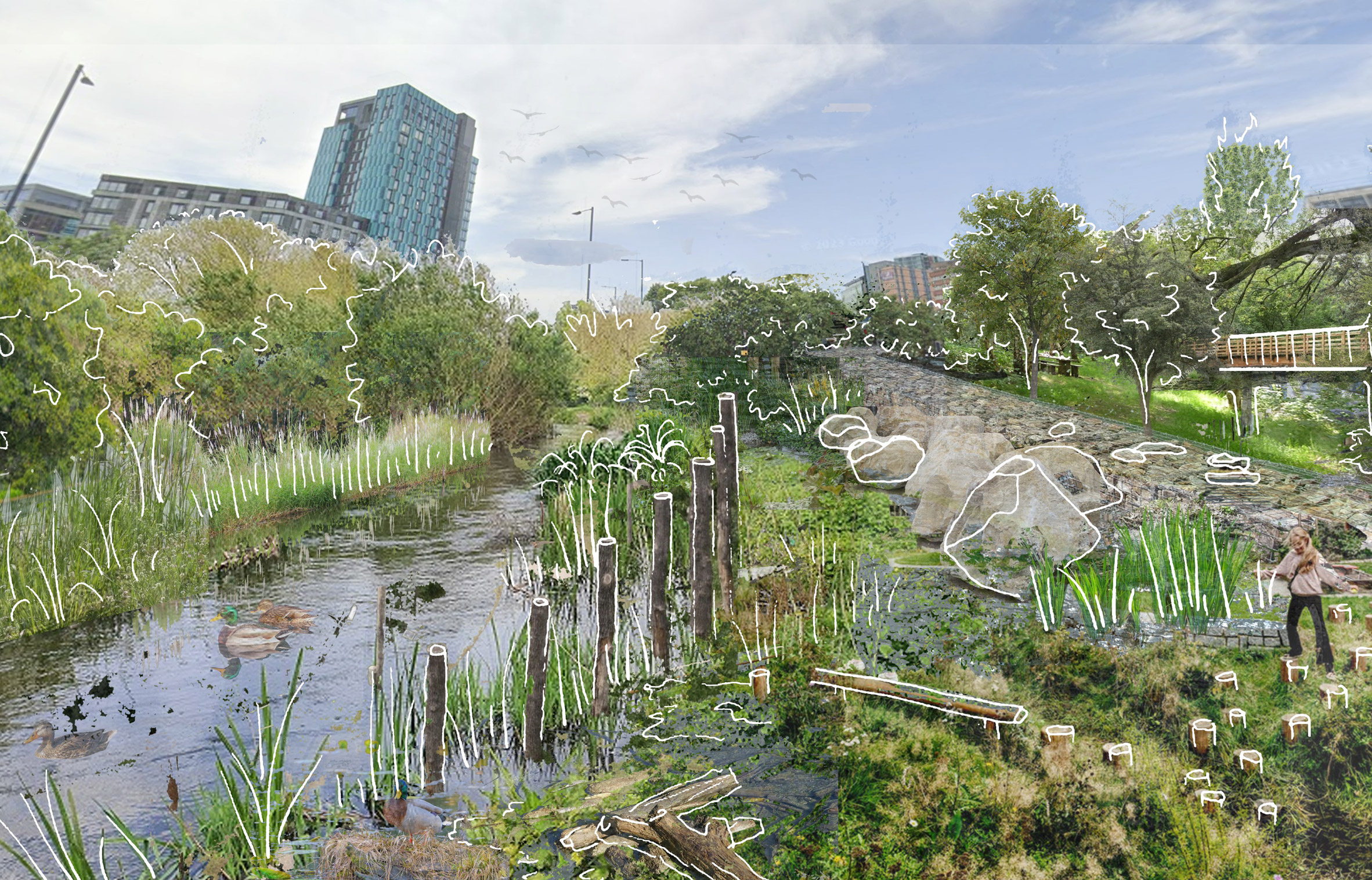 Collage style image showing river in city with illustrative lines overlaid to pick out foreground detail