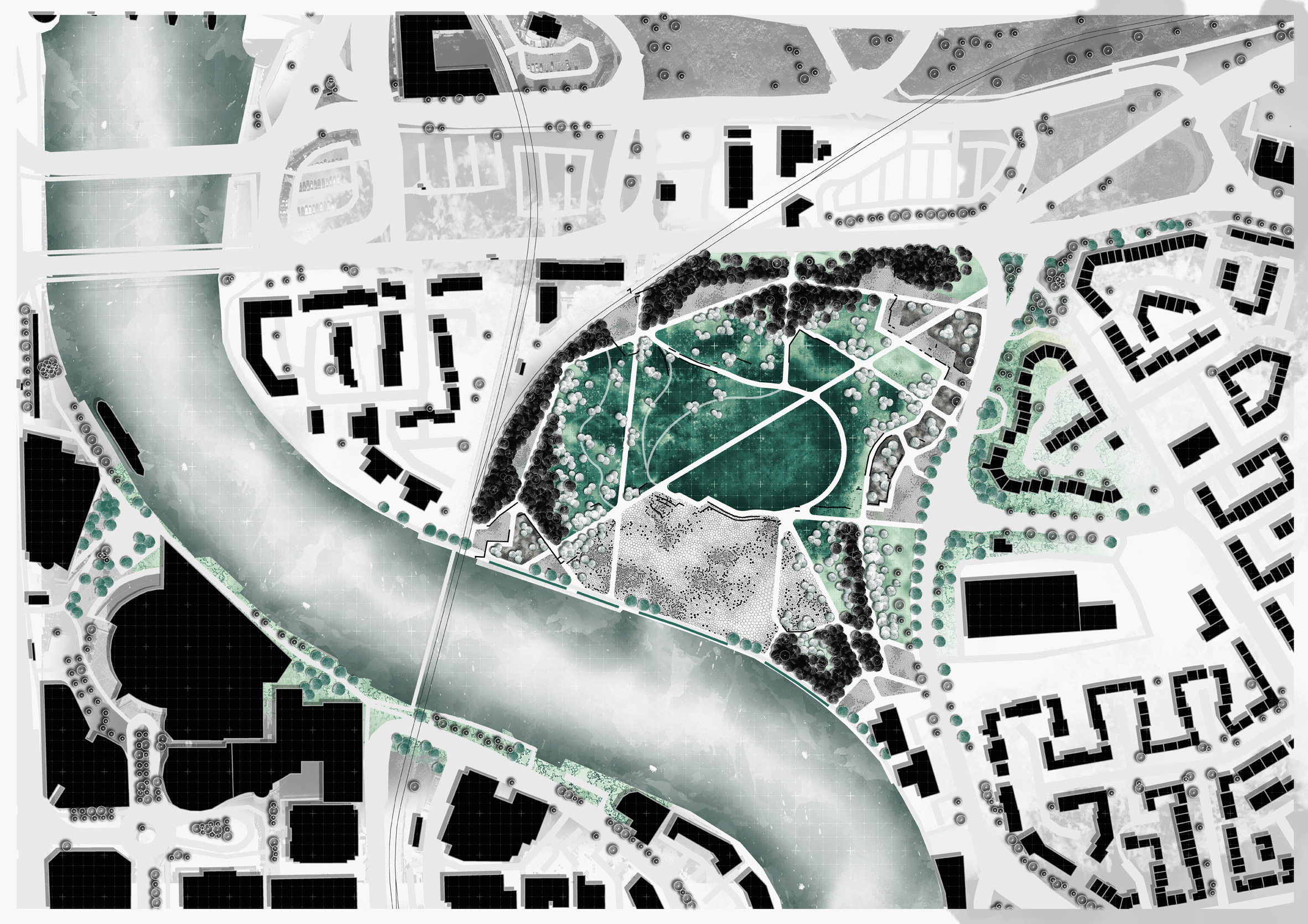 Birds eye view of settlement with river running through