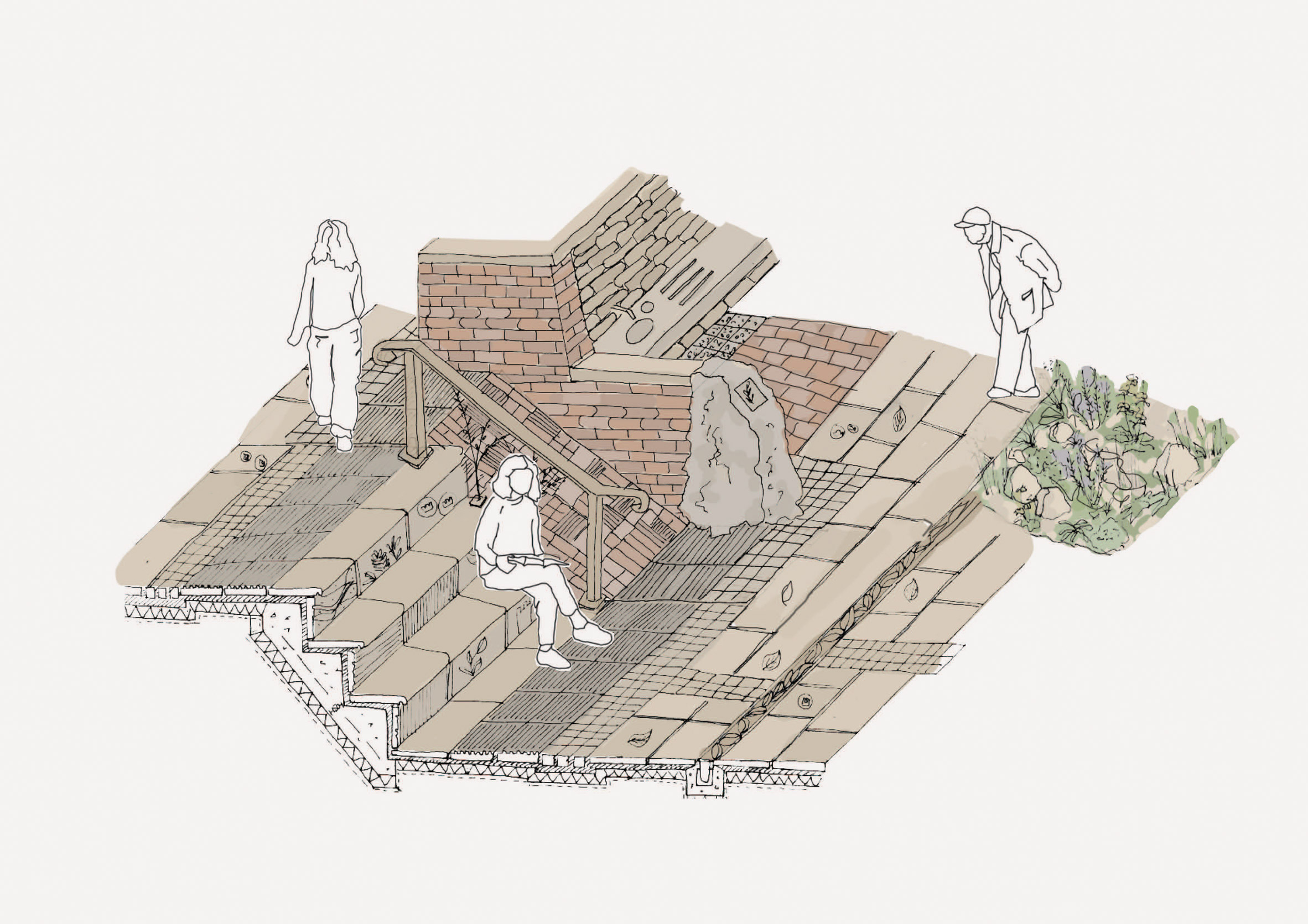 Illustration showing figures on and near outdoor steps
