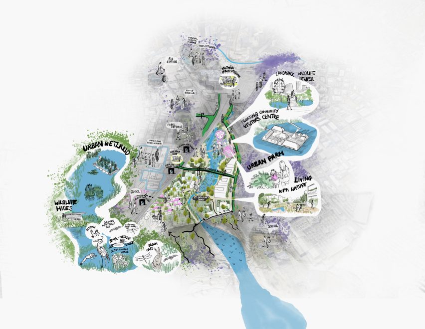 Hand illustrated map of riverside settlement with labelling