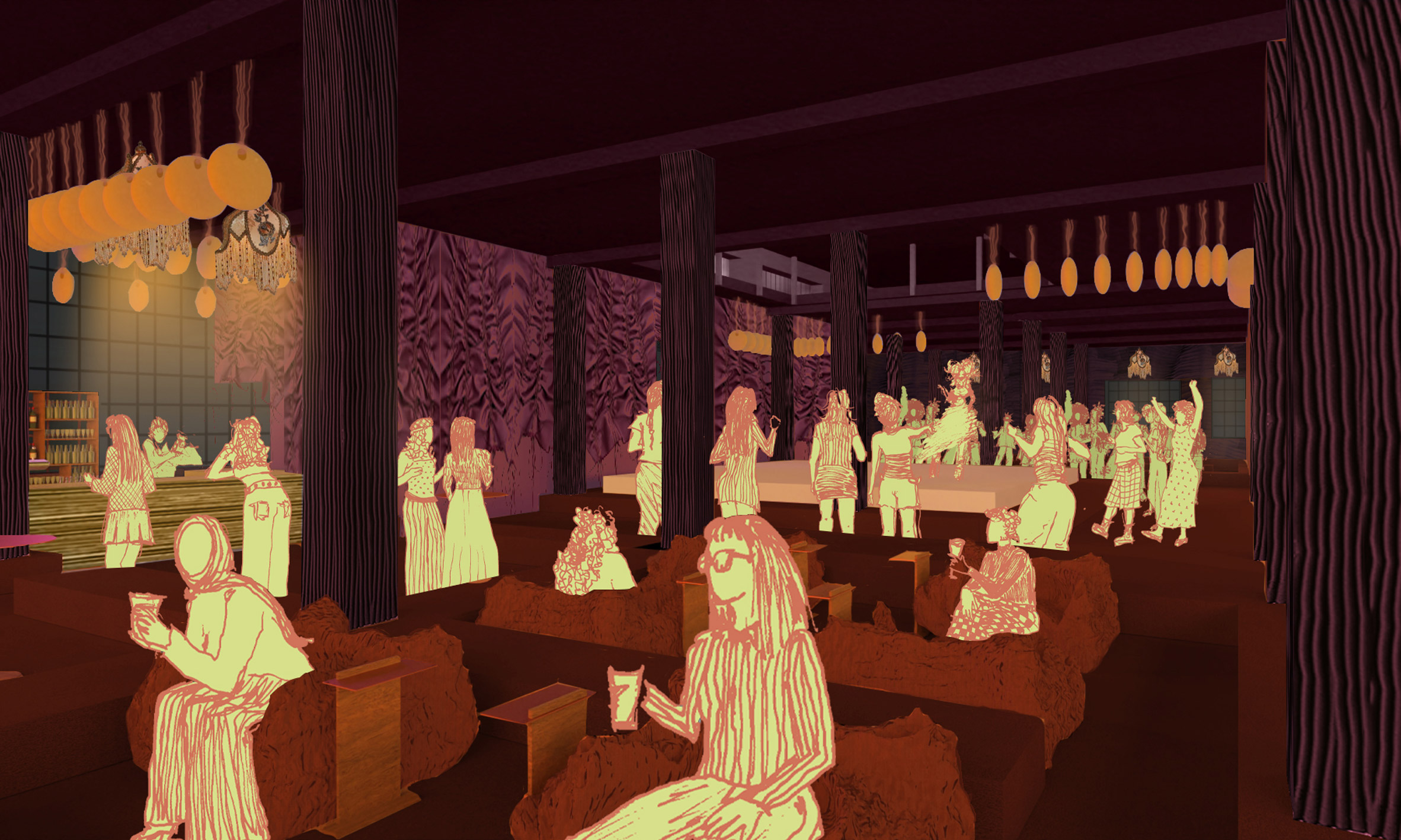 Illustrated figures occupying a dark interior with purple and red tones