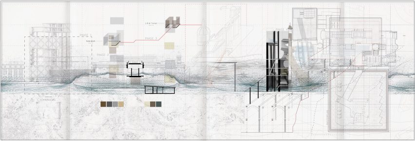 Sectional view of a museum after flooding