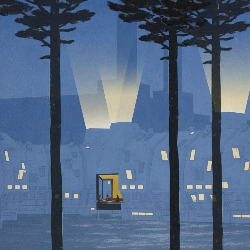Visualisation in blue tones with trees in foreground and windows picked out in yellow