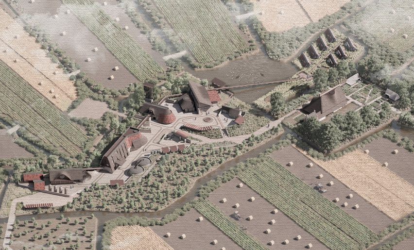 Birds eye view of rural, agricultural buildings among ploughed fields