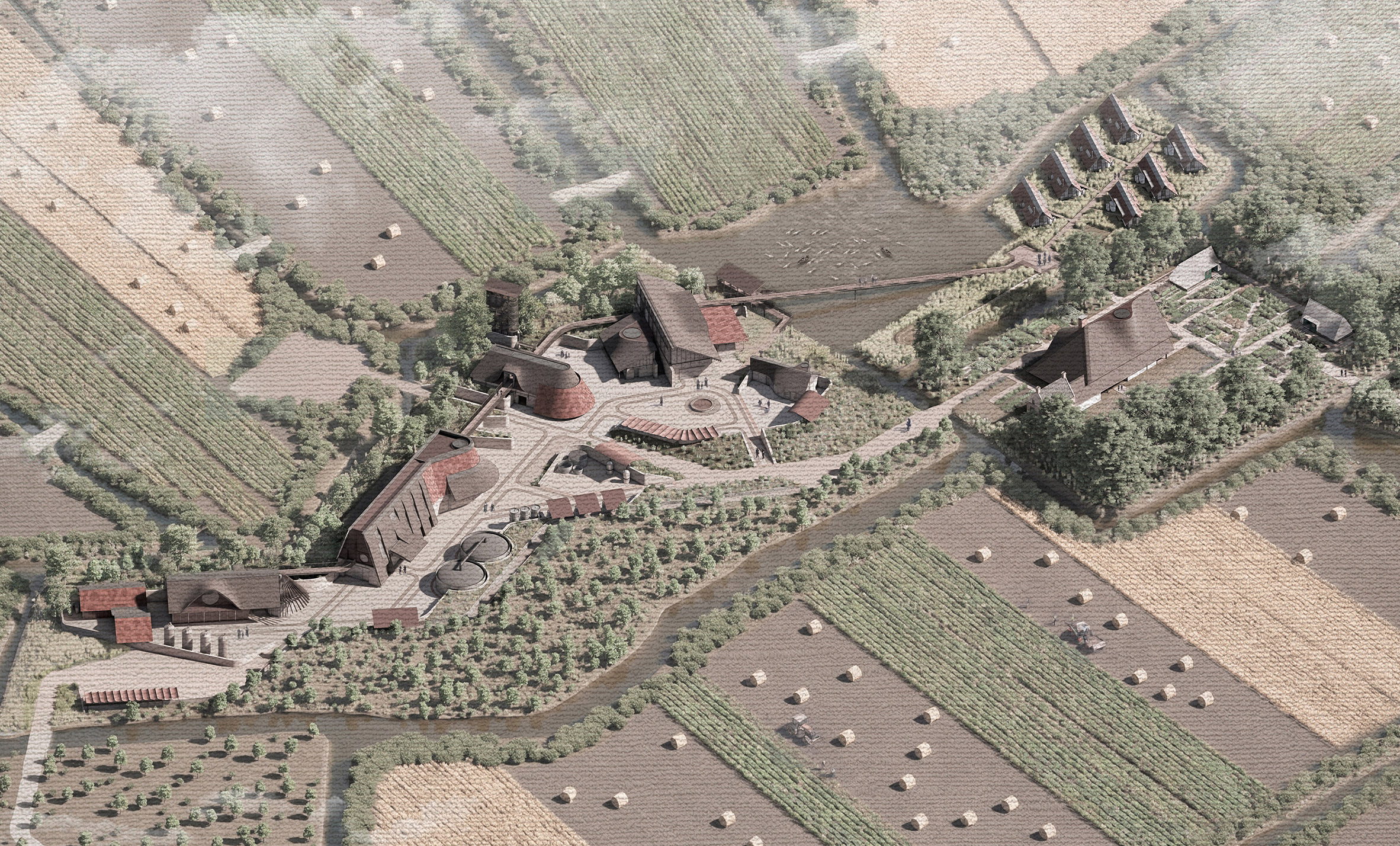 Birds eye view of rural, agricultural buildings among ploughed fields