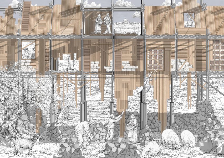 Illustration showing goats and sheep grazing as well as figures constructing a multi-storey structure from timber