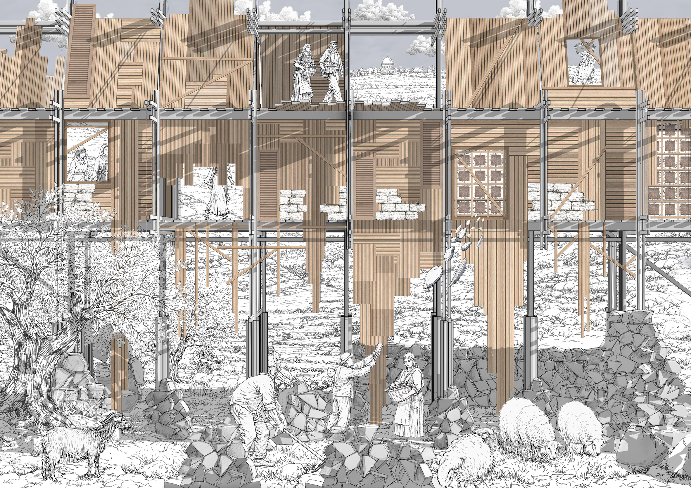 Illustration showing goats and sheep grazing as well as figures constructing a multi-storey structure from timber 