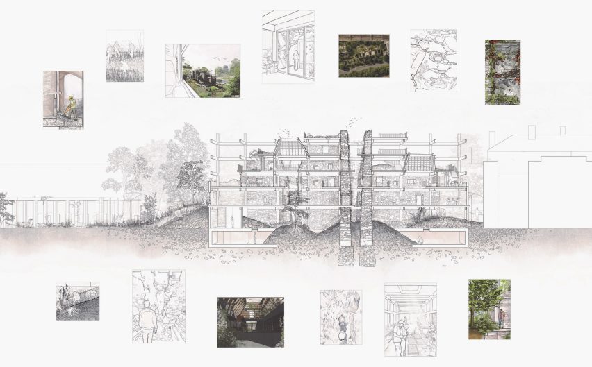 Sectional view of building with detailed renders around it