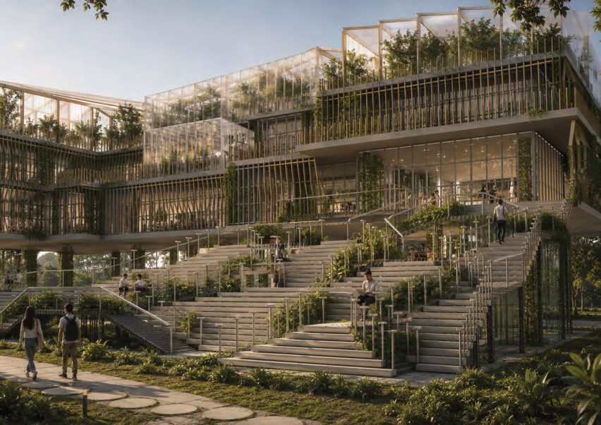 Visualisation showing a futuristic school with steps leading up to it