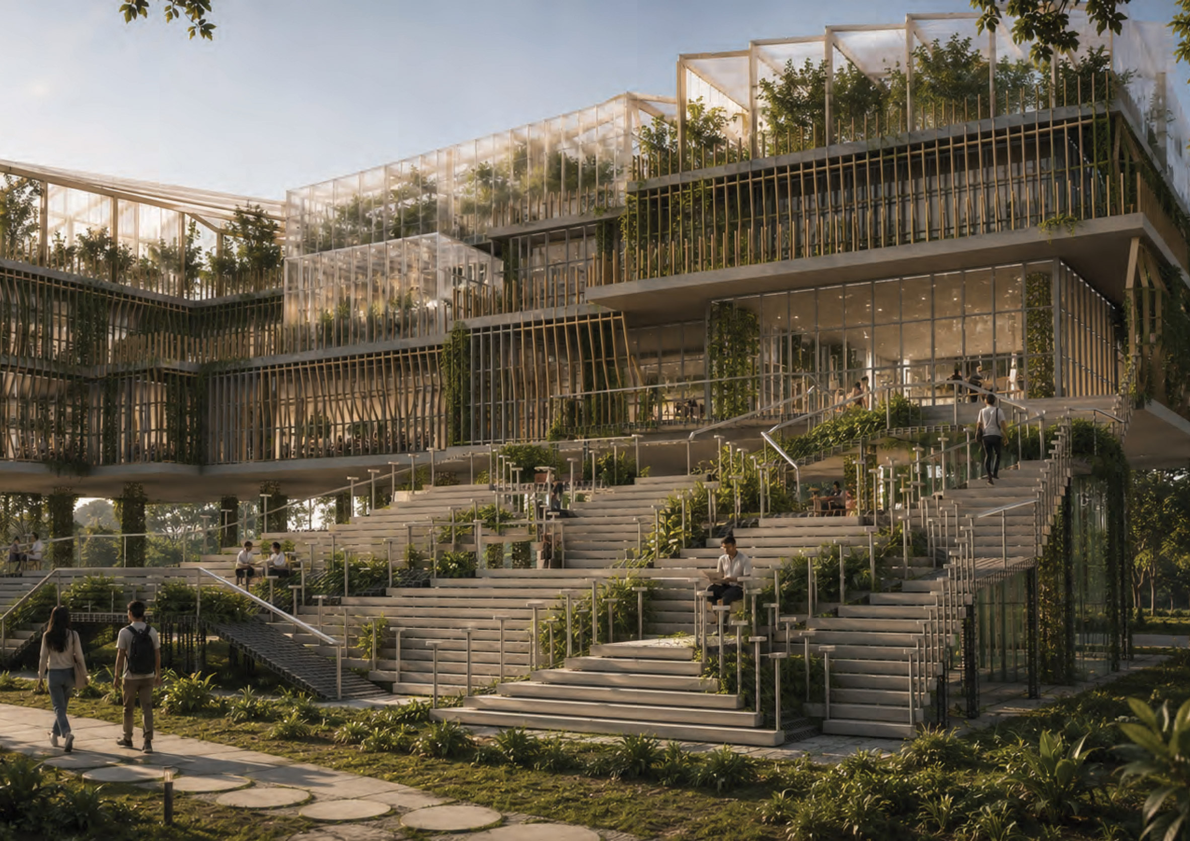 Visualisation showing a futuristic school with steps leading up to it