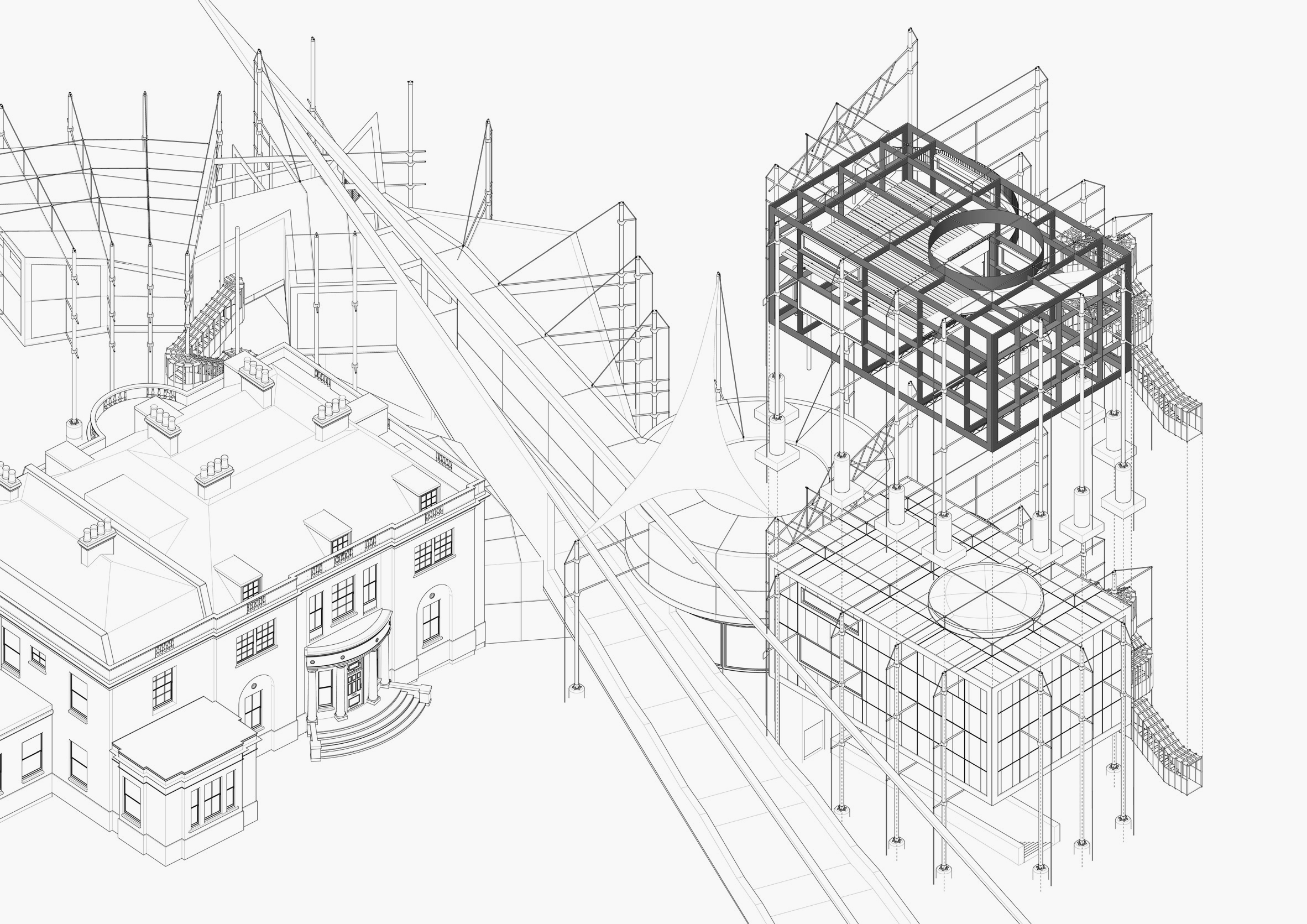 Technical drawing rendered in black and white showing building layers