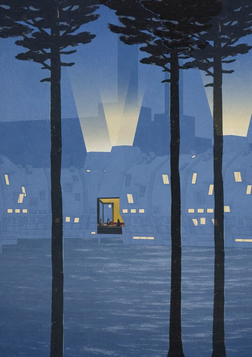 Visualisation in blue tones with trees in foreground and windows picked out in yellow