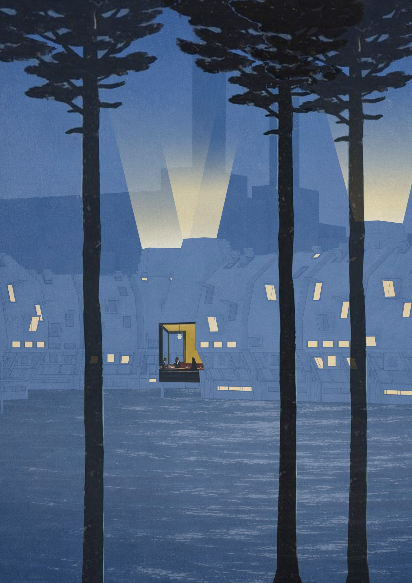 Visualisation in blue tones with trees in foreground and windows picked out in yellow