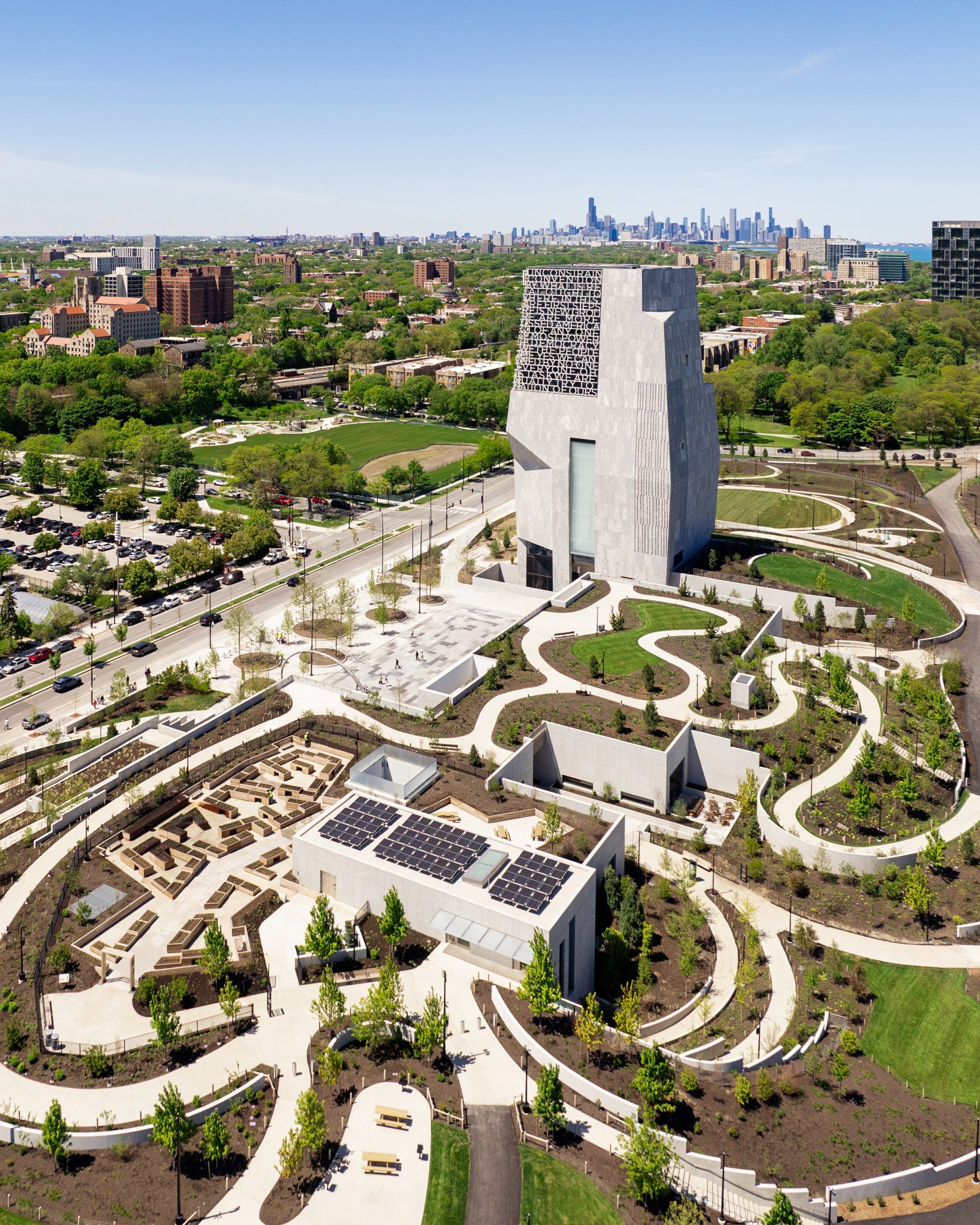     Vista aérea del Centro Presidencial Obama en Chicago con ruta