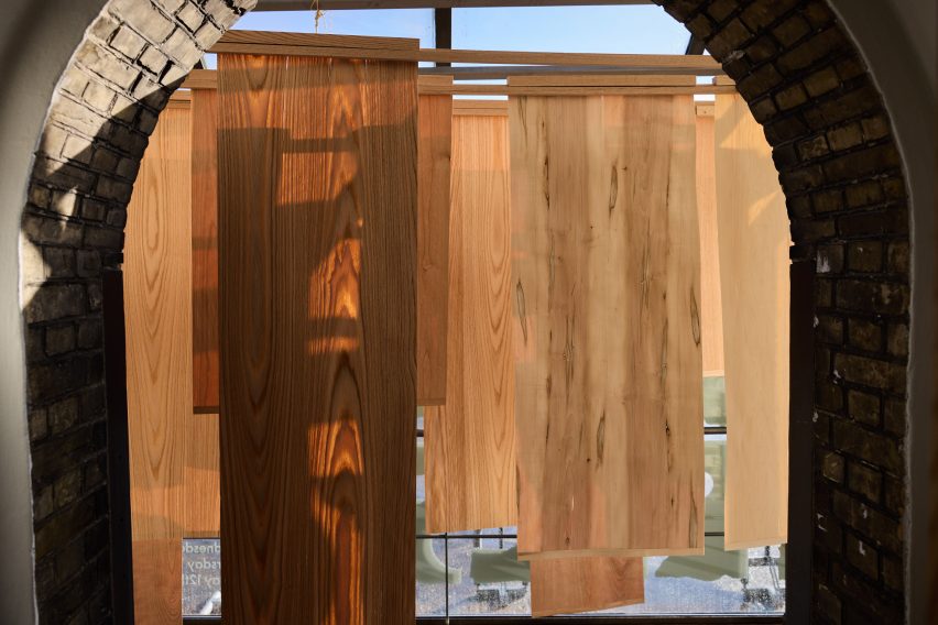 Wood for the Trees installation at Material Matters by AHEC, Mitre & Mondays and Benchmark