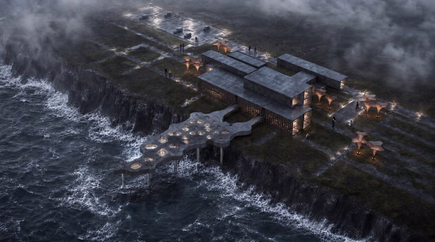 Bird's eye view render for a regenerative coastal settlement prototype