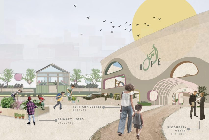 Render of educational space with illustrative elements added to it, including a large, yellow sun