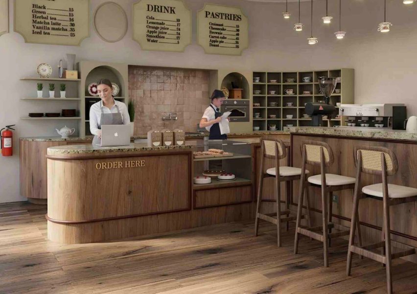 Render of a coffee shop with staff behind the counter