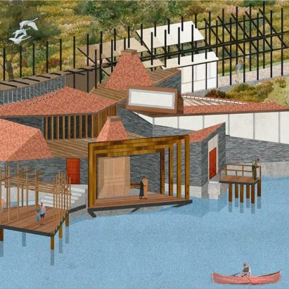 Illustration of a building in water