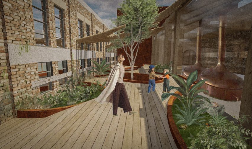 Illustration of people in courtyard