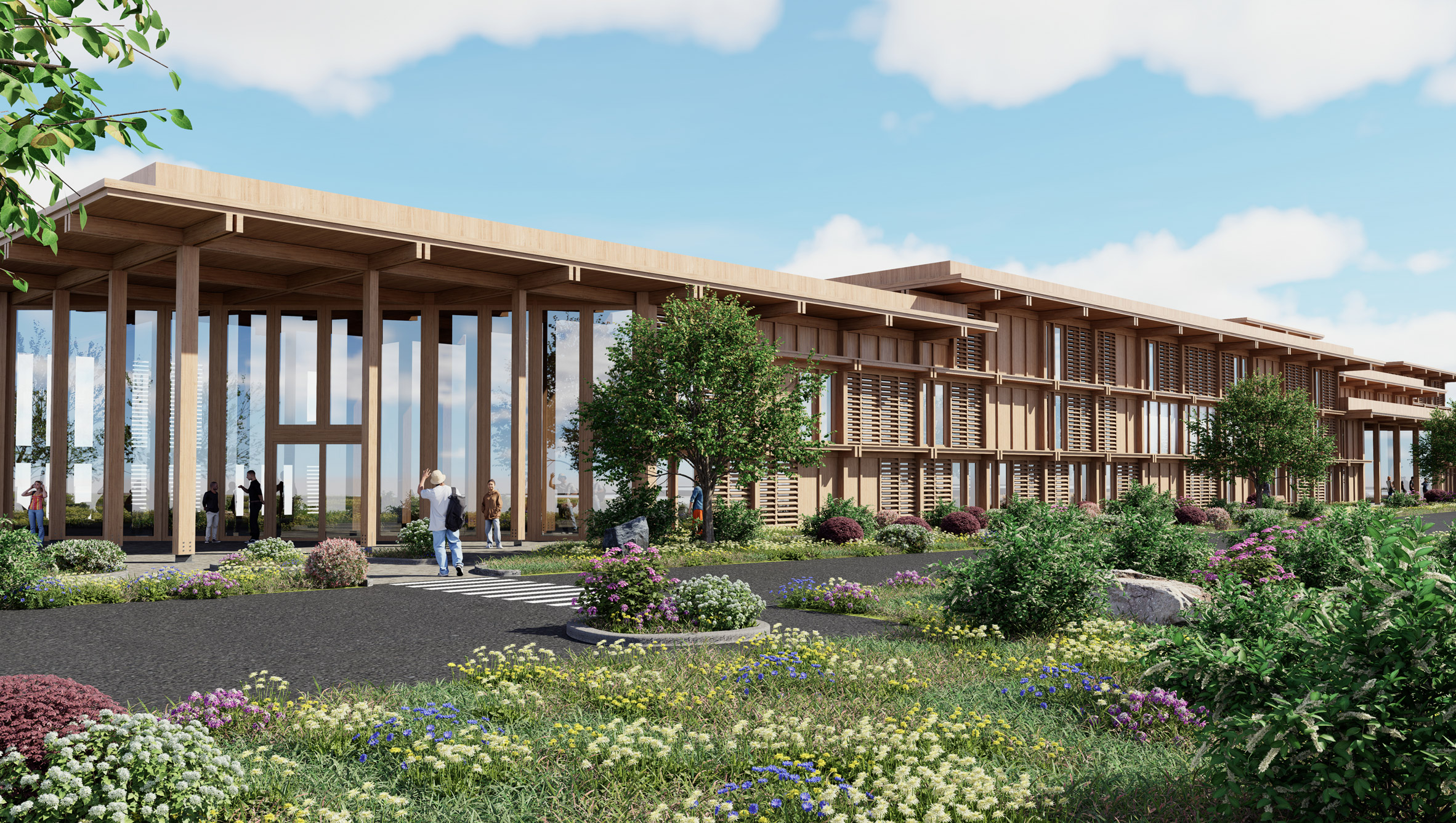 Render of a building with wooden shutters