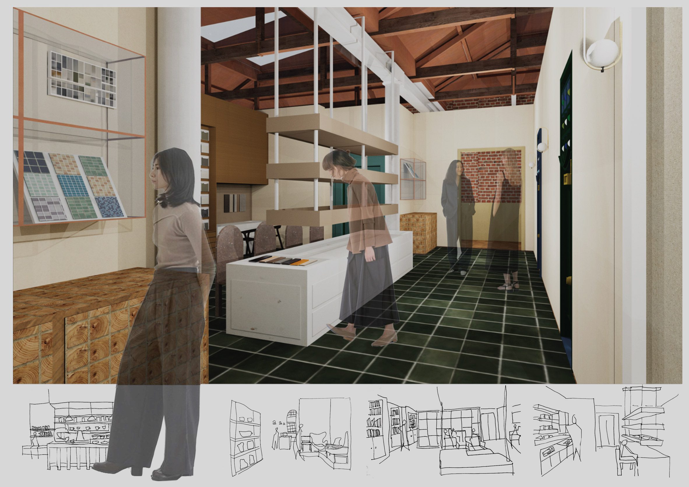 Visualización que muestra interiores de uso mixto.