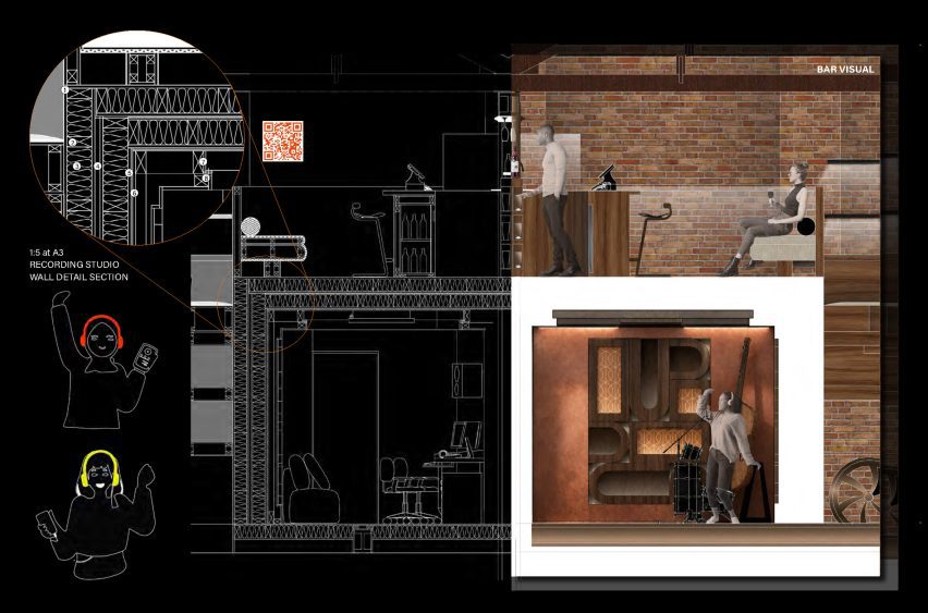 Collage of visualisations and drawings showing a recording studio