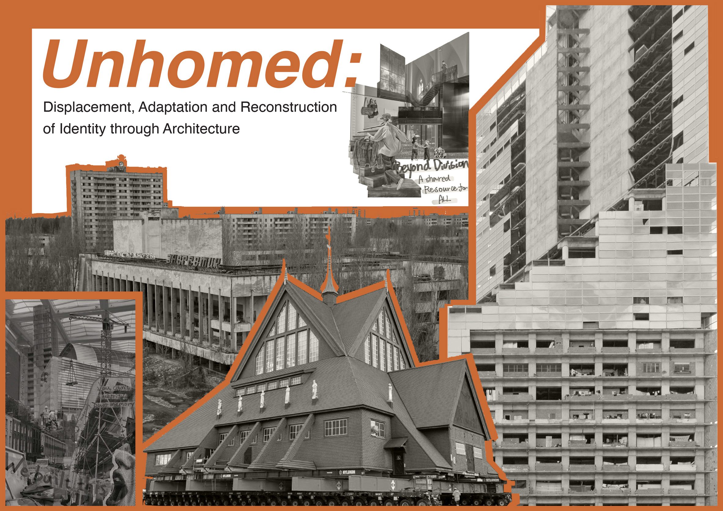 Collage de contornos naranjas de fotografías arquitectónicas en blanco y negro