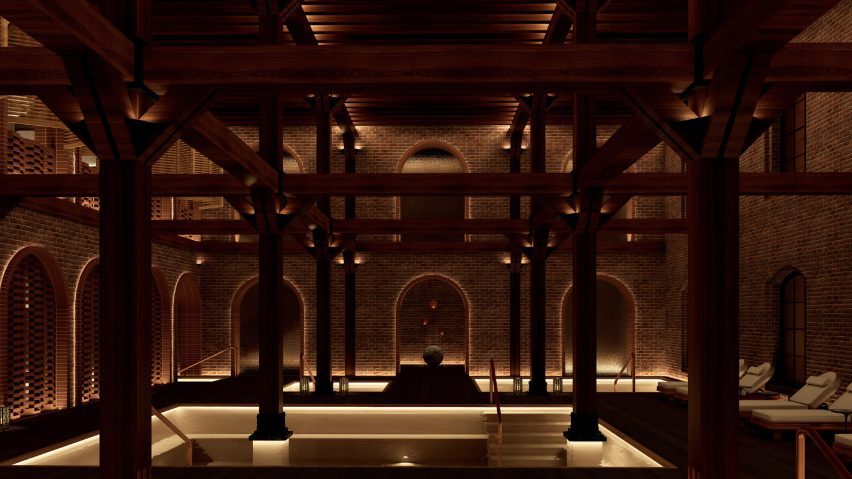Render of a former train terminal-turned-hotel