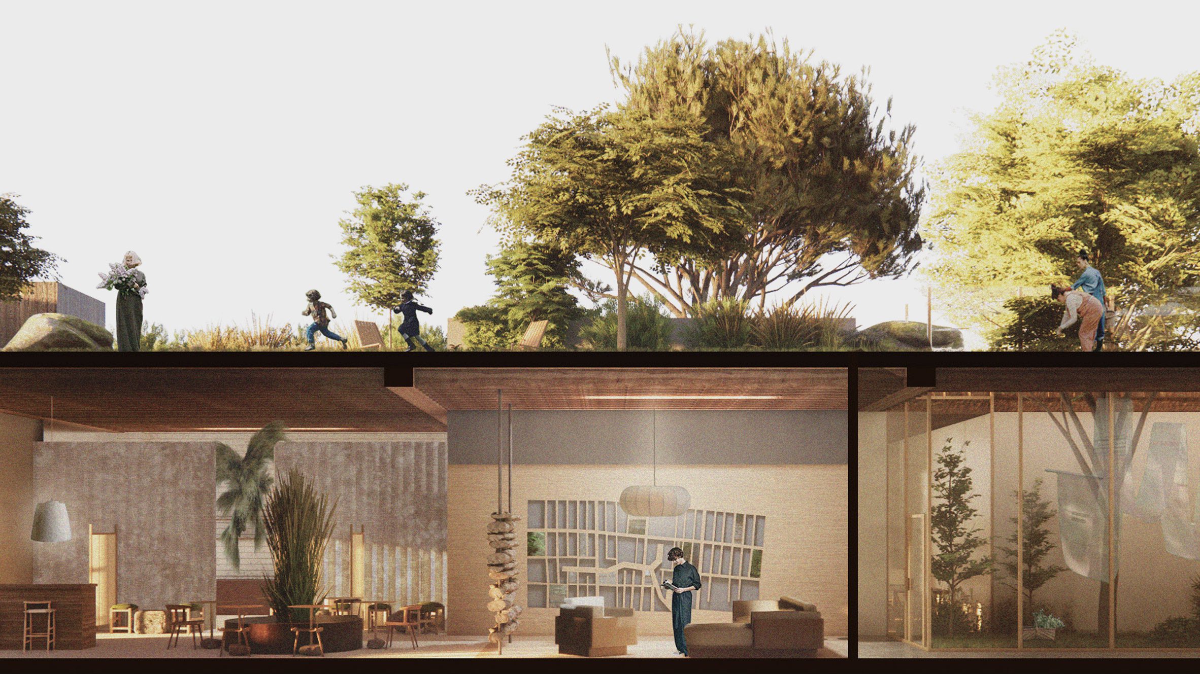 Renderizado de espacios interiores y exteriores.