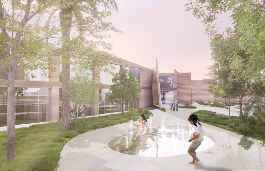 Render of children playing around a community hub