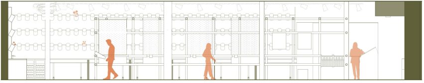 Graphic illustration of inside of building with orange figures