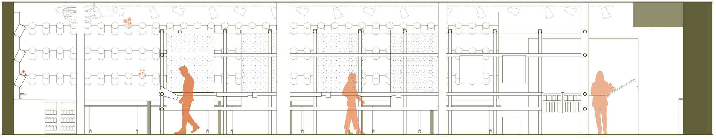 Graphic illustration of inside of building with orange figures