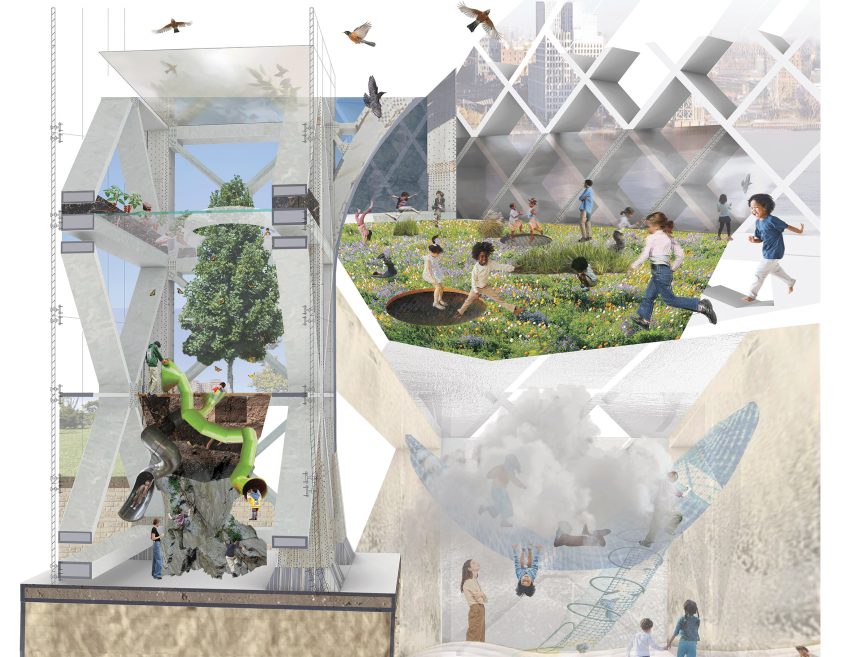 Various views of building with birds and trees inside/outside it