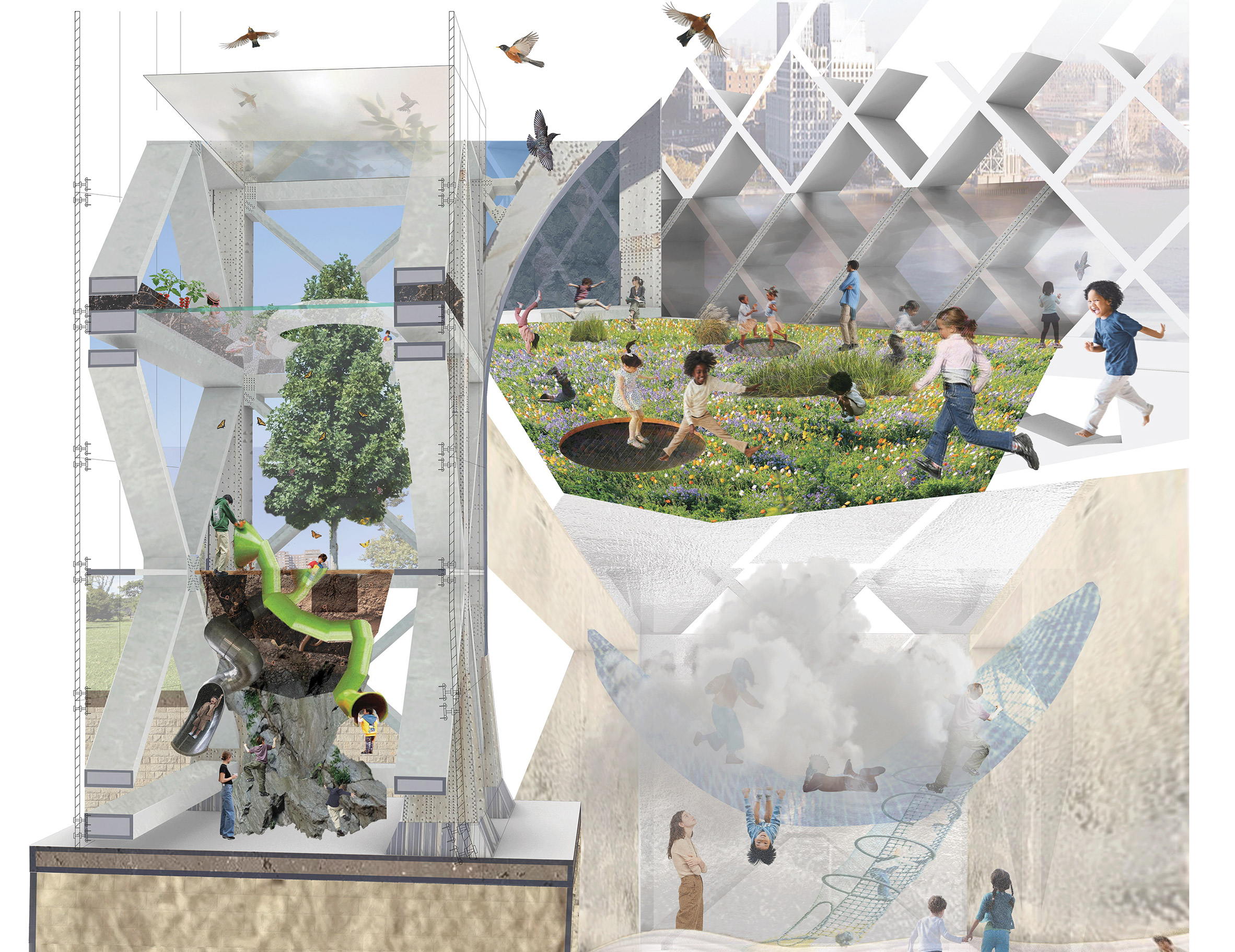 Various views of building with birds and trees inside/outside it