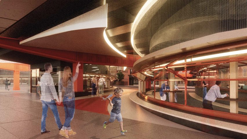 Render of an interior space that has been built under a road bridge.