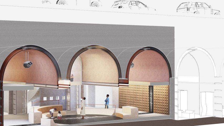 Computer generated render of an interior space that has been built in the archways of a road bridge