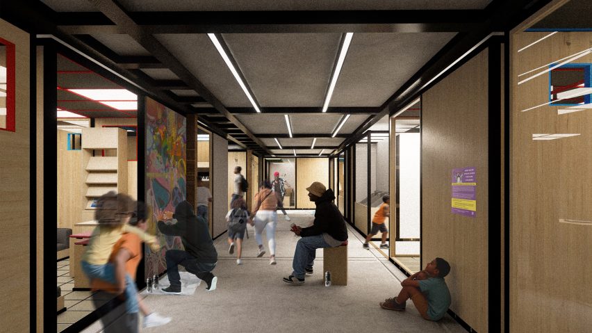 Computer generated render of a community space with bi-folding french doors on the lower level.