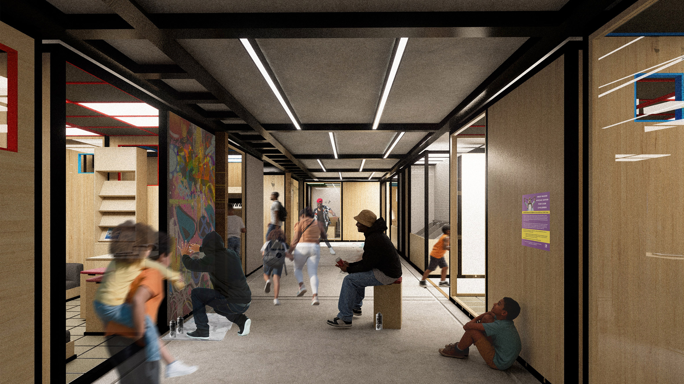 Computer generated render of a community space with bi-folding french doors on the lower level.